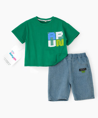 Green printed t-shirt with soft denim shorts set for boys