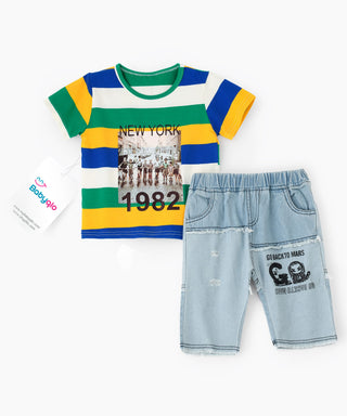 Stripes pattern printed t-shirt and soft denim shorts set for boys