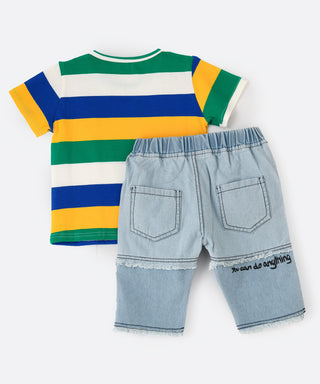 Stripes pattern printed t-shirt and soft denim shorts set for boys