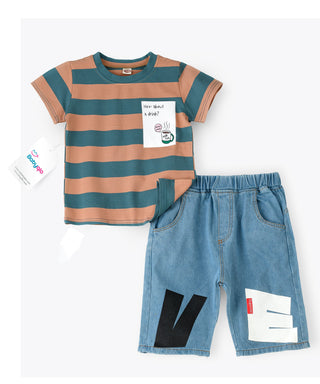 Stripes pattern t-shirt and denim shorts set for boys