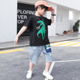 Dinosaur printed t-shirt with denim shorts set for boys-mybabyqlo.com