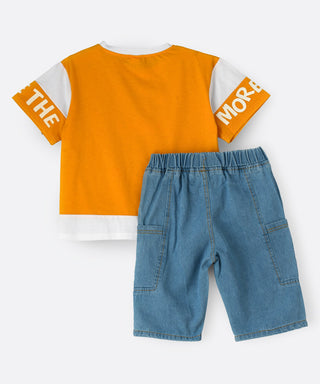 Quote printed t-shirt with denim short set for boys