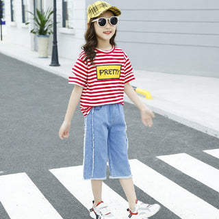 White and red stripe top with denim knee length pant set for girls