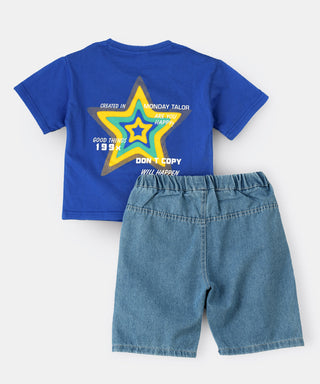 Star printed blue t-shirt with denim shorts set for boys