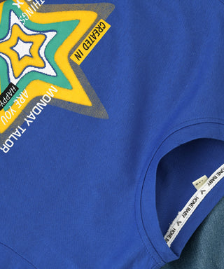 Star printed blue t-shirt with denim shorts set for boys