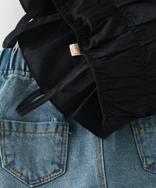 Cotton black crop top with denim shorts set for girls
