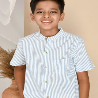 Pure cotton skyblue stripe shirt with cotton short set for boys