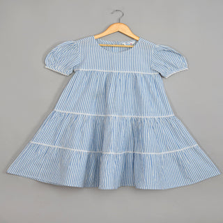 Pure cotton skyblue stripe knee length dress with balloon sleeve for girls