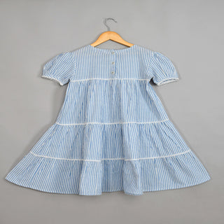 Pure cotton skyblue stripe knee length dress with balloon sleeve for girls
