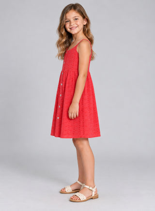 Schiffli red spaghetti knee length dress for girls
