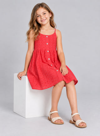 Schiffli red spaghetti knee length dress for girls