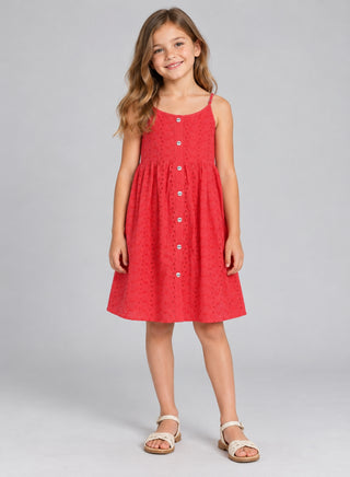 Schiffli red spaghetti knee length dress for girls