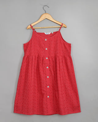 Schiffli red spaghetti knee length dress for girls