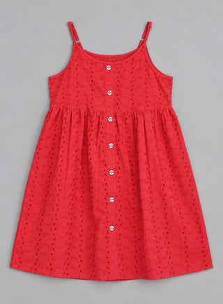 Schiffli red spaghetti knee length dress for girls