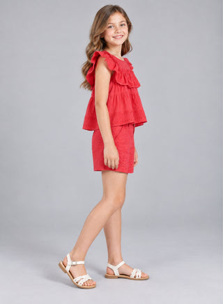 Red schiffli frilled top with schiffli short sets for girls