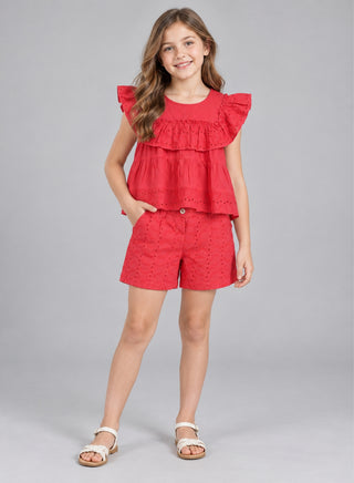 Red schiffli frilled top with schiffli short sets for girls