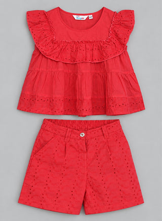 Red schiffli frilled top with schiffli short sets for girls