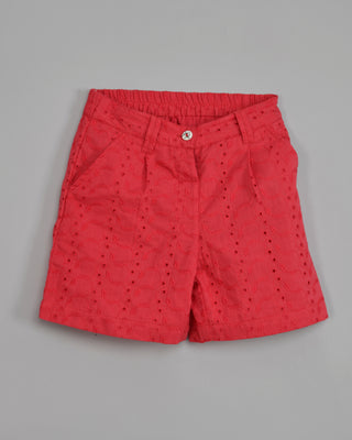 Red schiffli frilled top with schiffli short sets for girls