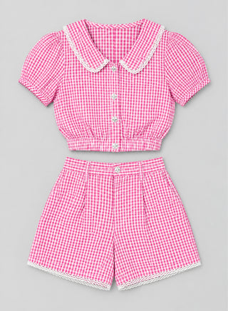 Seersucker crop top with check pattern cotton short set for girls