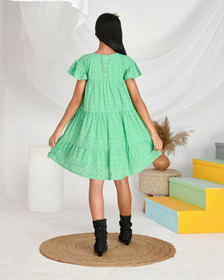 Schiffli  cotton olive green frilled  knee length dress for girls