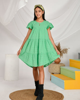 Schiffli  cotton olive green frilled  knee length dress for girls