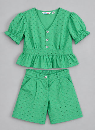 Green schiffli crop top with schiffli short sets for girls