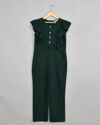 Rayon cotton frilled sleeves dark green jumpsuit for girls