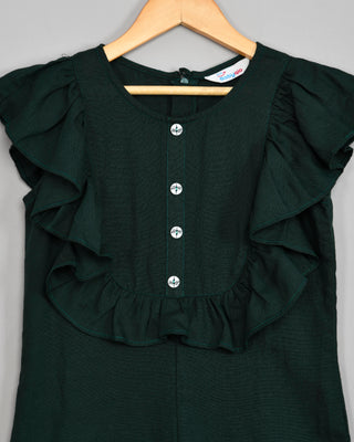 Rayon cotton frilled sleeves dark green jumpsuit for girls