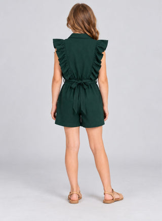 Rayon cotton collared dark green jumpsuit for girls