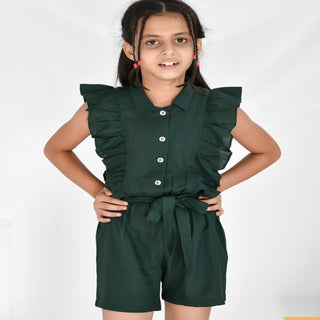 Rayon cotton collared dark green jumpsuit for girls