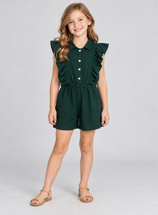 Rayon cotton collared dark green jumpsuit for girls