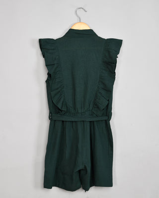 Rayon cotton collared dark green jumpsuit for girls