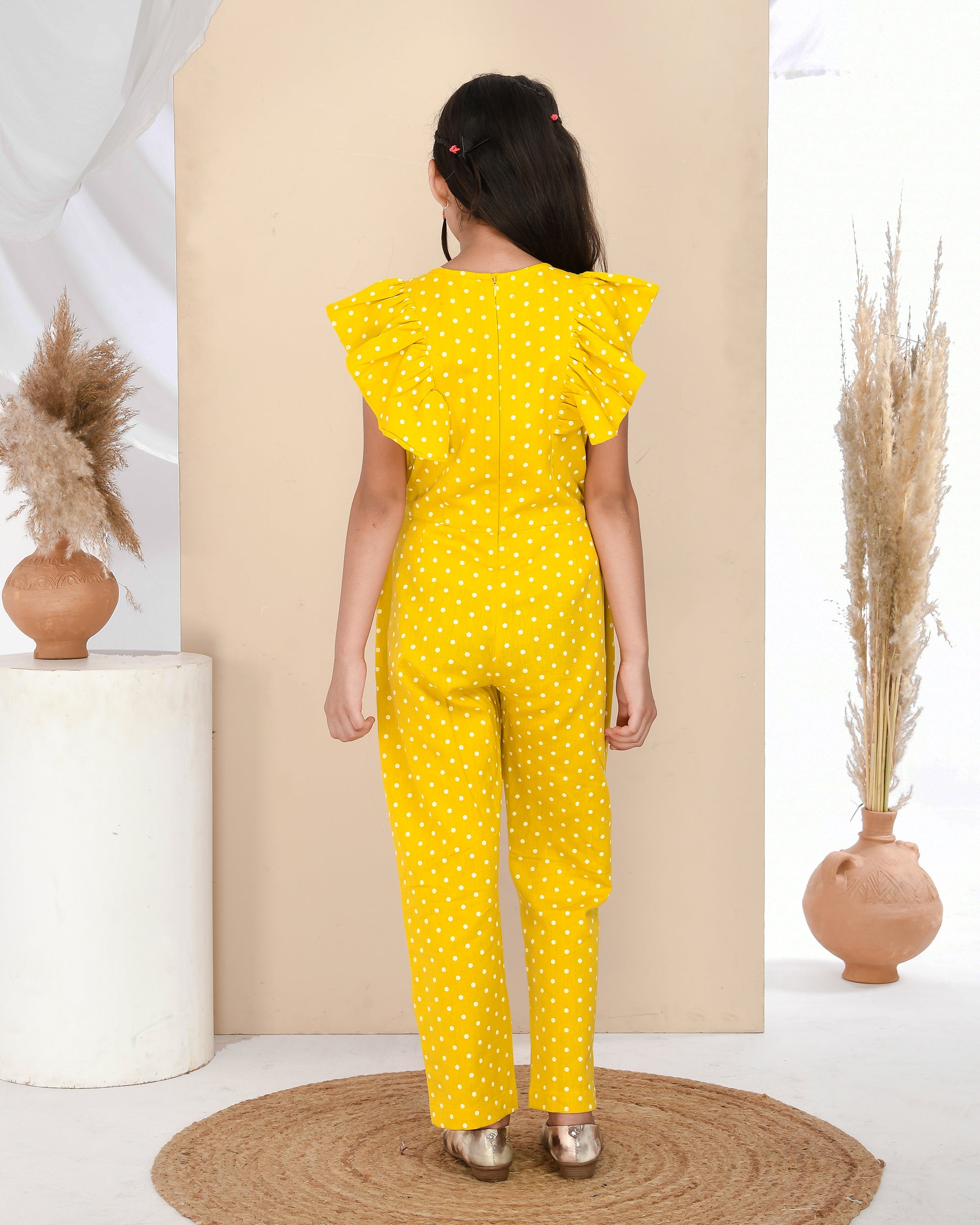 Cotton polka dots frilled jumpsuit for girls – Babyqlo