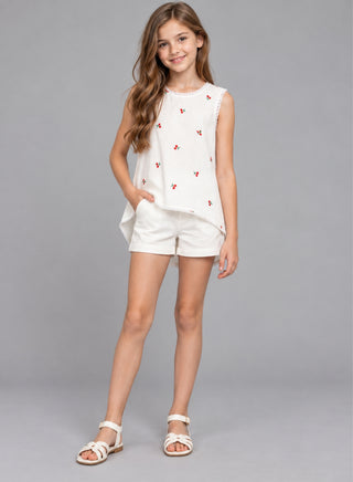 Cherry embroidered long tail cotton top with short set for girls