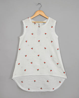 Cherry embroidered long tail cotton top with short set for girls