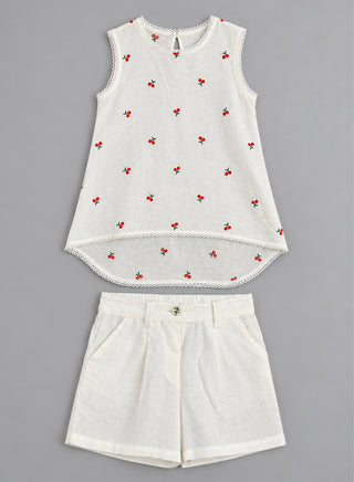 Cherry embroidered long tail cotton top with short set for girls