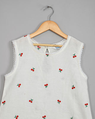 Cherry embroidered long tail cotton top with short set for girls