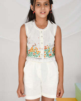 Pure cotton crop top with multicolor flower embroidery and short set for girls