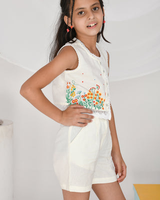 Pure cotton crop top with multicolor flower embroidery and short set for girls