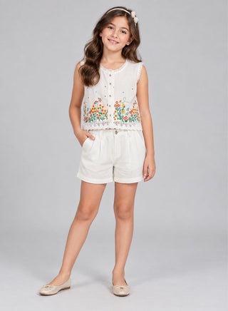 Pure cotton crop top with multicolor flower embroidery and short set for girls