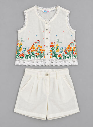 Pure cotton crop top with multicolor flower embroidery and short set for girls