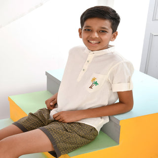 Pure cotton  shirt with palm trees embroidery and short set for boys