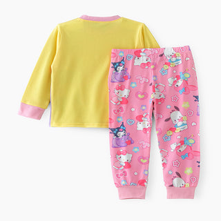 Cartoon characters glow in the dark print cotton top with pajama set for girls