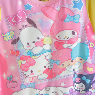Cartoon characters glow in the dark print cotton top with pajama set for girls