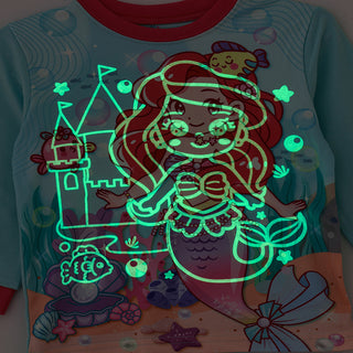 Mermaid glow in the dark print cotton top with pajama set for girls