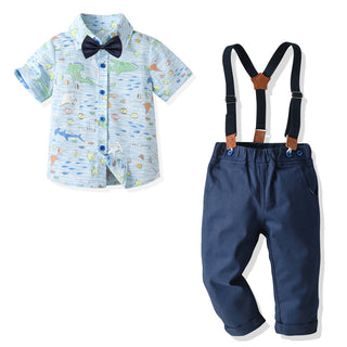 All over fish printed shirt with pants bow tie and suspender set
