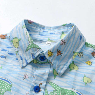 All over fish printed shirt with pants bow tie and suspender set