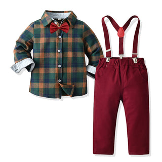 Checked shirt with solid pant waist coat and bow tie and suspender set