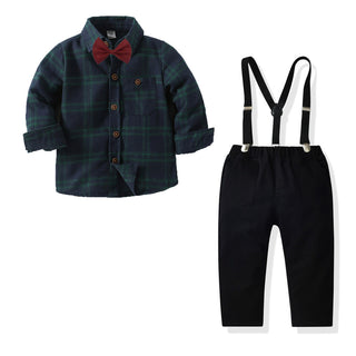 Checked shirt with solid pant  along with bow tie and suspender set
