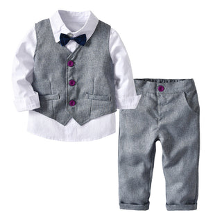 White shirt with grey pant waistcoat set with bow tie